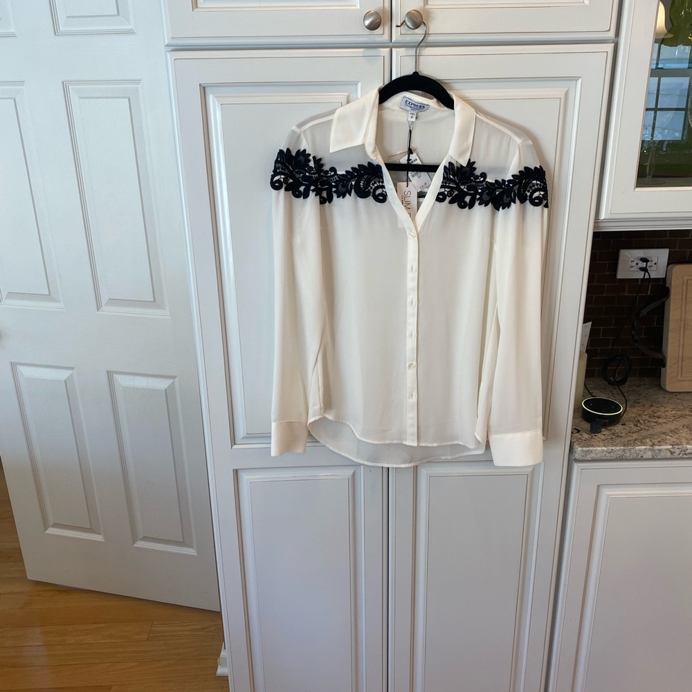 Express White and Black Embroidered Women's Top